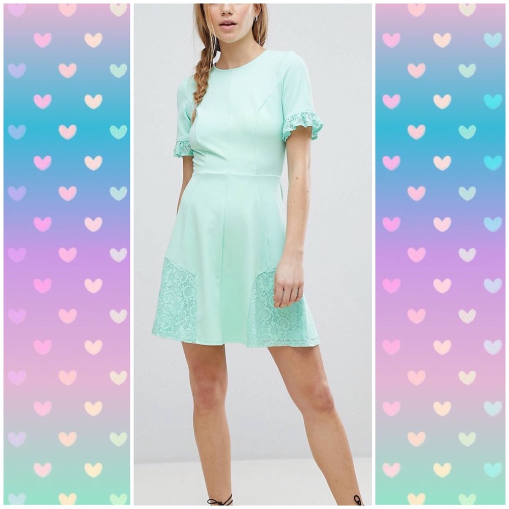 ASOS Mint Skater Dress with Lace Details Size 14